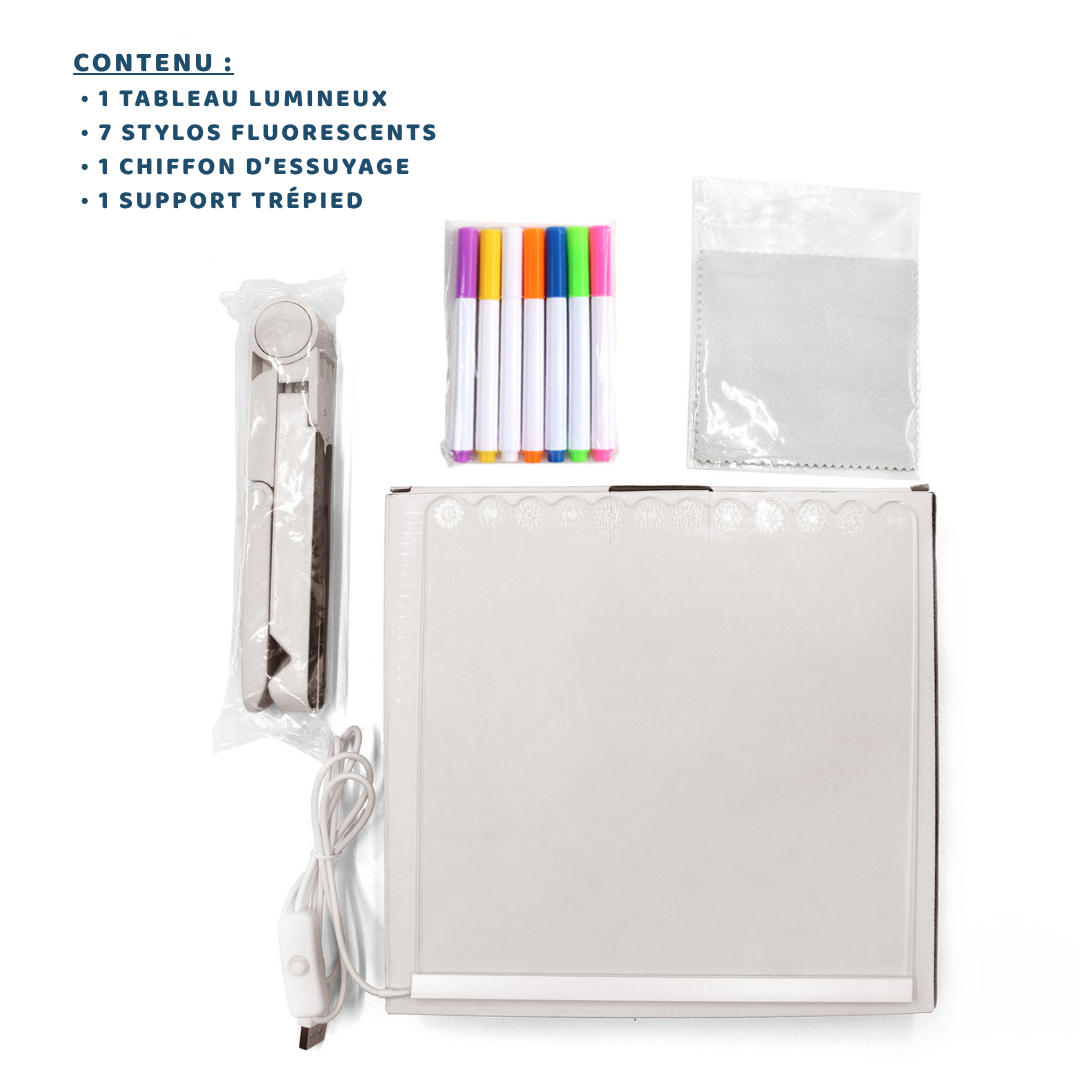 Détails du tableau lumineux LED avec un support, des feutres effaçables et deux chiffons